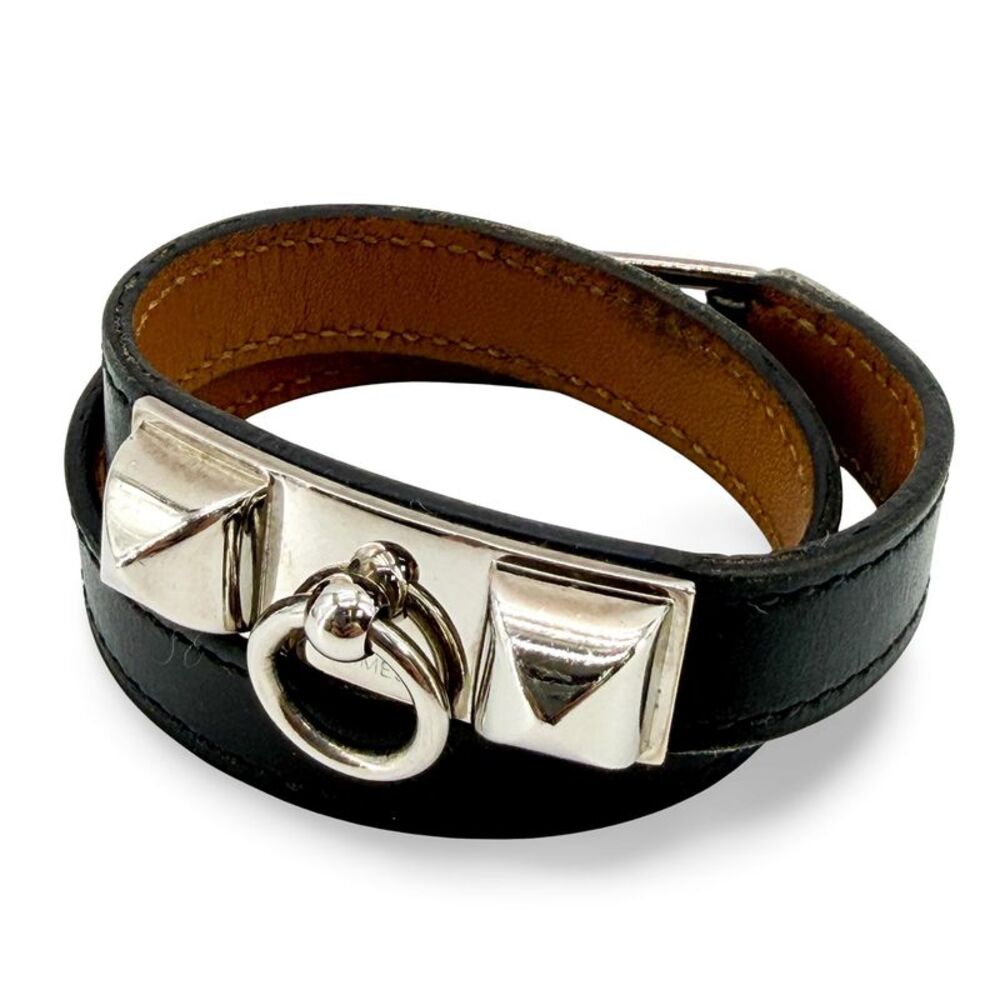 Hermès Collier de Chiens Double Tour Leather Bracelet Black Silver